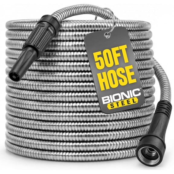BIONIC STEEL 50 Ft Metal Garden Hose with Sprayer Nozzle, Non Kinking Designed Stainless Steel Heavy Duty Water Hose 50Ft x 5/8 in. Ultra Flexible NON Expandable for Uninterrupted Water Flow, 500 PSI