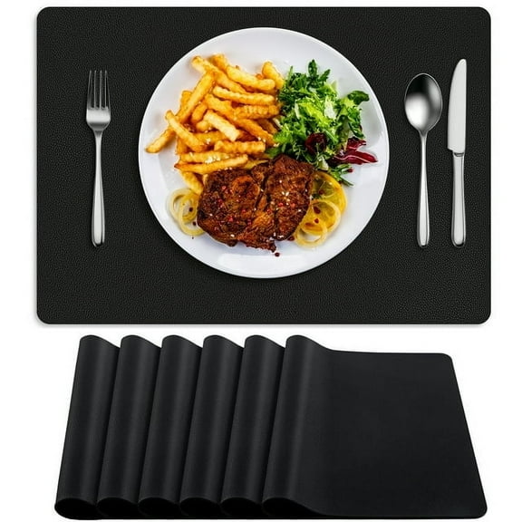 BIPASION Placemats Set of 6, Heat Resistant Luxury Leather Placemats Double Layer, Waterproof Anti-Slip Table Mats Easy to Clean for Dining Room Kitchen Coffee Office Table, Black