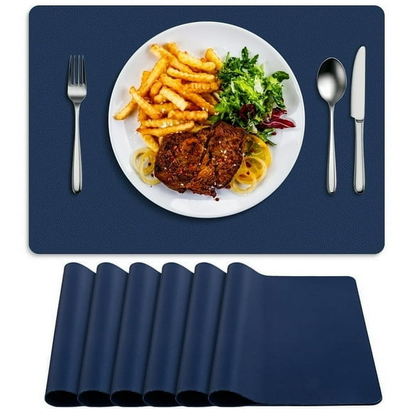 BIPASION Placemats Set of 6, Heat Resistant Luxury Leather Placemats Double Layer, Waterproof Anti-Slip Table Mats Easy to Clean for Dining Room Kitchen Coffee Office Table, Blue