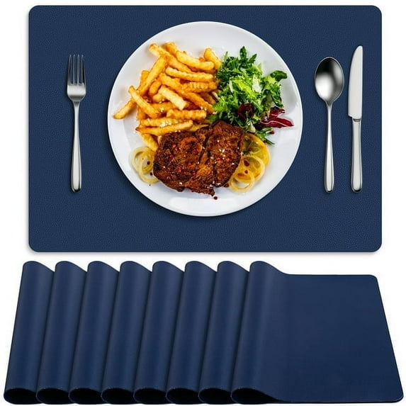 BIPASION Placemats Set of 8, Heat Resistant Luxury Leather Placemats Double Layer, Waterproof Anti-Slip Table Mats Easy to Clean for Dining Room Kitchen Coffee Office Table, Blue