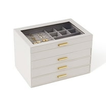 BIQI MUSSE 4-Tier Large Jewelry Storage Box with Glass Lid, 3 Drawers Jewelry Organizer Case, Gray Velvet Jewellery Holder Display for Earring Rings Necklace Bracelet Watch, Women Girls Gifts