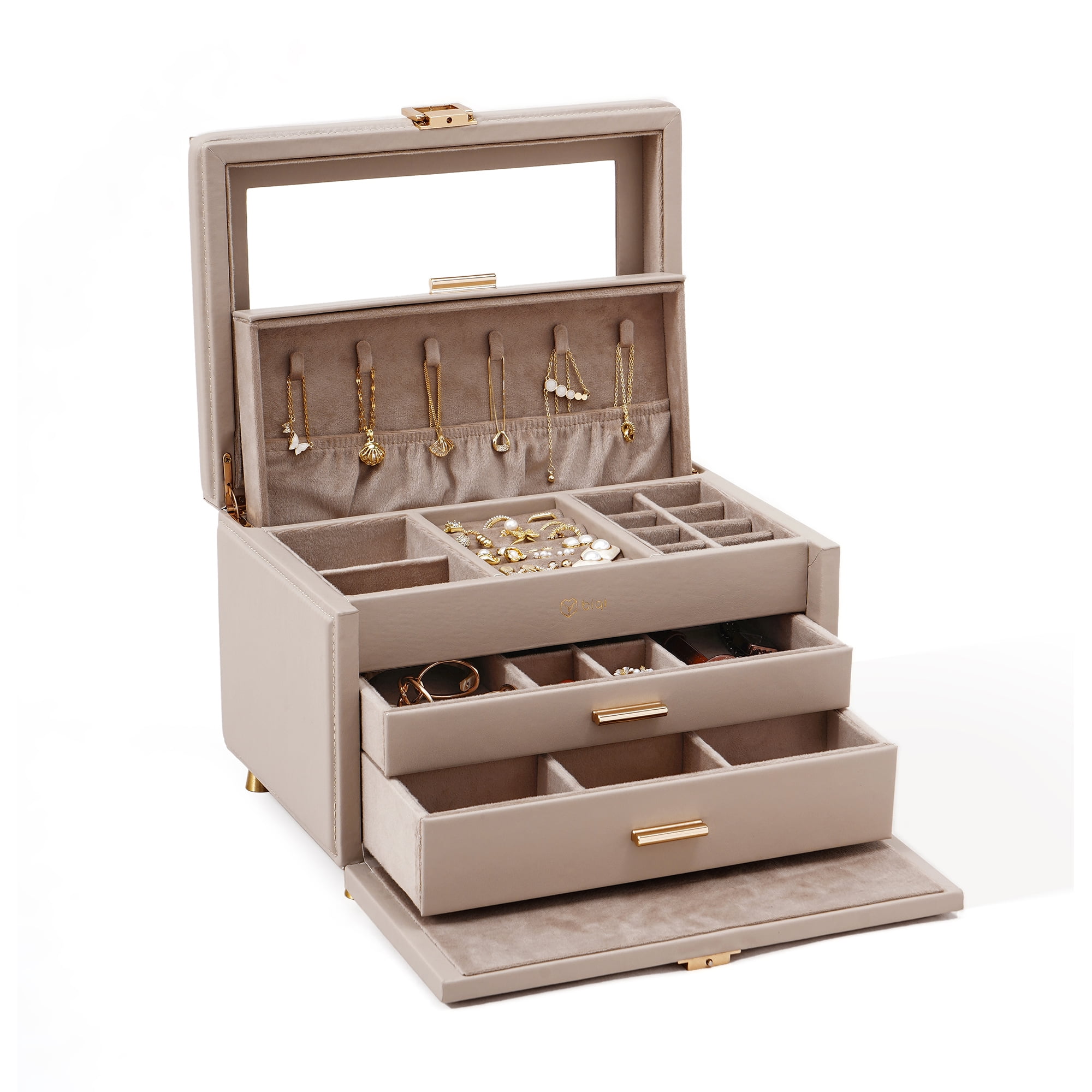 BIQI MUSSE Huge Modern Jewelry Box with Glass Window 4 Layer Jewelry Organizer with 3 Drawers Top Drawer for Necklaces Soft Velvet Jewelry Storage