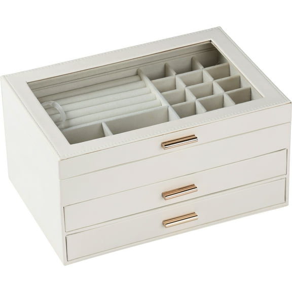 BIQI MUSSE Large Leather Jewelry Organizer Box with Clear Flip Lid Double Layer Drawers Storage Organizer for Women Girls Earrings Ring Necklace Case