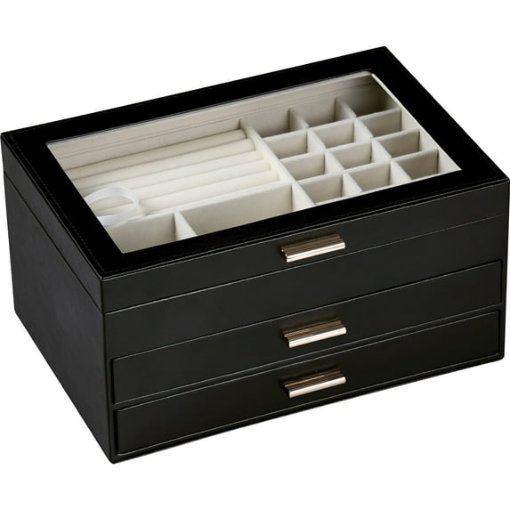 BIQI MUSSE Large Leather Jewelry Organizer Box with Clear Flip Lid Double Layer Drawers Storage Organizer for Women Girls Earrings Ring Necklace Case