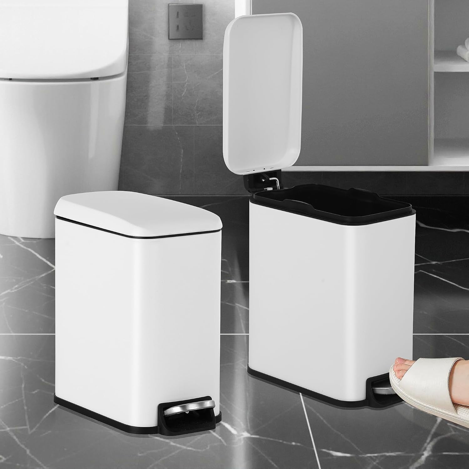BIQWBIC 10L/2.6 Gallon Stainless Steel Bathroom Trash Can with Lid – Foot-Operated Garbage Bin with Removable Bucket, 2-Pack, Whihte – Perfect for Office & Bedroom