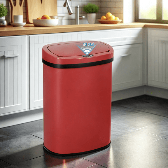BIQWBIC 13 Gallon Automatic Trash Can, Touchless Stainless Steel Kitchen Garbage Can, Red