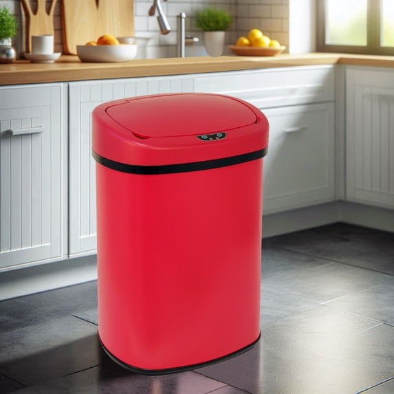 BIQWBIC 13 Gallon Automatic Trash Can, Touchless Stainless Steel Kitchen Garbage Can, Red