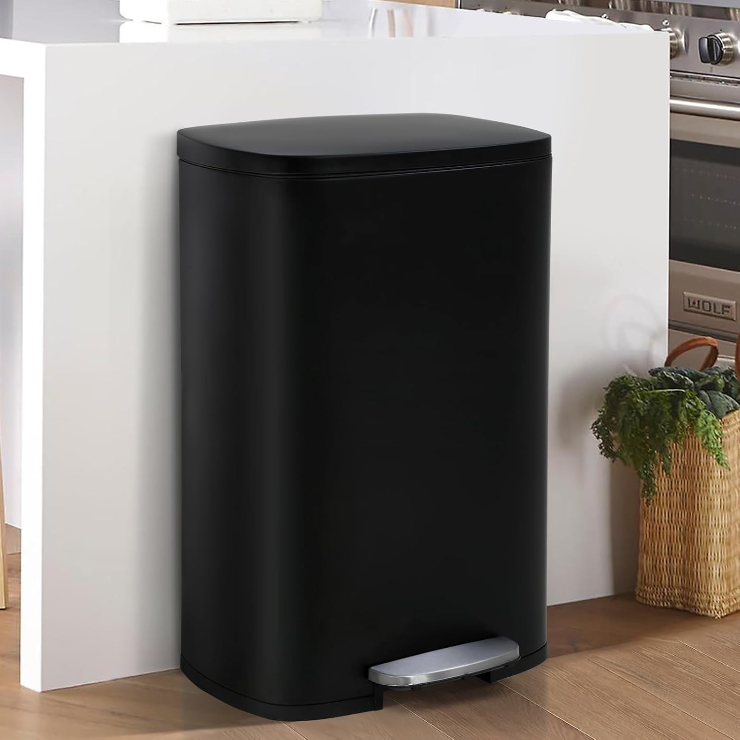 BIQWBIC 13 Gallon Bathroom Step Trash Can with Soft Close, Foot Pedal and Inner Bucket, Black