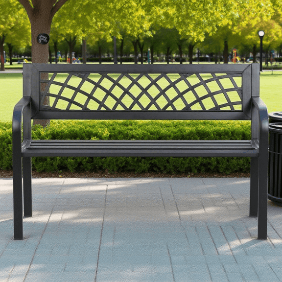 BIQWBIC 400LBS Park Bench Outdoor, All-Weather Metal Garden Bench with Ergonomic Backrest, Heavy Duty Steel Frame Bench for Patio, Porch, Lawn, Yard and Garden Decor