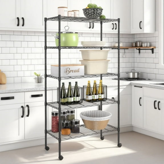 BIQWBIC 5-Tier Wire Shelving Unit 61.2"H - Heavy Duty Metal Shelving 1250LBS Capacity, Adjustable Storage Shelf for Garage, Kitchen, Pantry (Black)