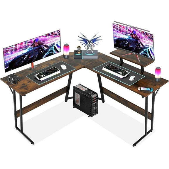 BIQWBIC 50 inch L-Shaped Gaming Desk with Monitor Stand, 176LB Heavy Duty Home Office Workstation,Brown