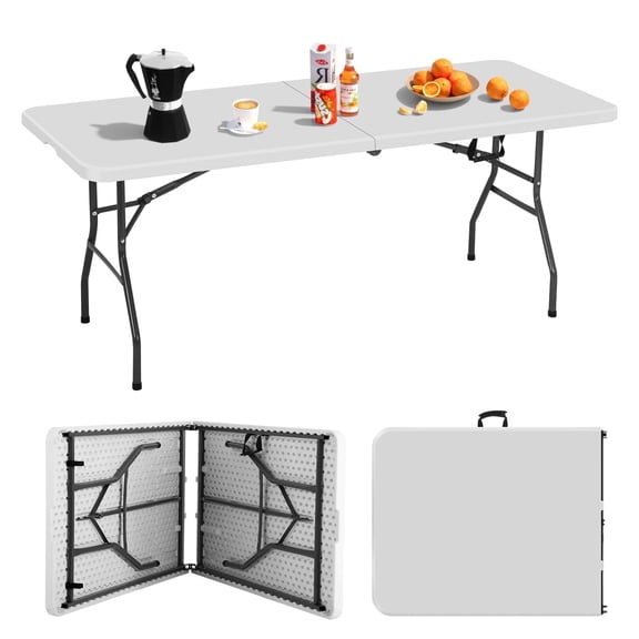 BIQWBIC 6ft Folding Table, Heavy Duty Foldable Table with Handle, Portable Fold-in-Half Utility Tables for Indoor & Outdoor Use Perfect for Camping BBQ Party Wedding Market Events, White