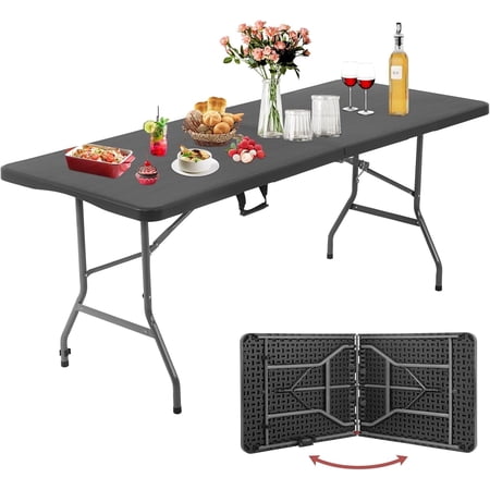 BIQWBIC 6ft Folding Table with Handle, Portable Utility Heavy Duty for Indoor Outdoor, Camping, BBQ, Party, Wedding, Black