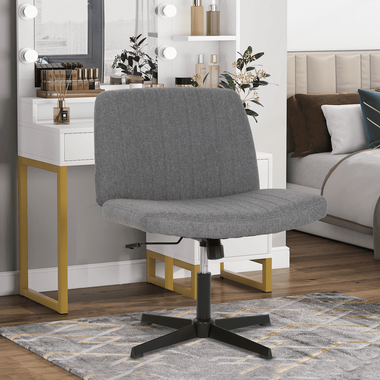 BIQWBIC Crisscross Chair Armless Vanity Chair Adjustable Home Office Desk Chair with No Wheels, Gray