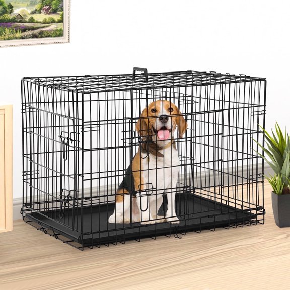 BIQWBIC Foldable Dog Crate 2-Door 42-Inch Metal Wire Crate for Dogs with Divider Panel and Tray