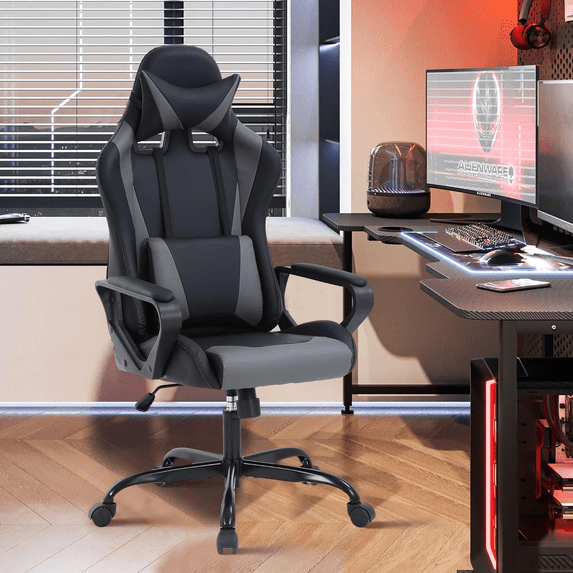 BIQWBIC Gaming Chair, High-Back Ergonomic Video Game Chair for Teen, with Adjustable Seat, Lumbar Support, Armrest and Headrest, Gray