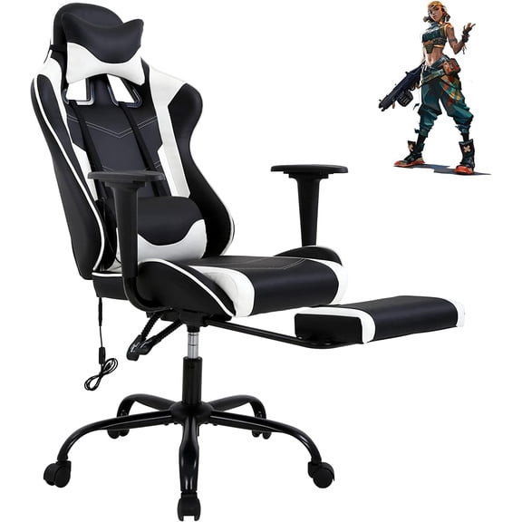 BIQWBIC Ergonomic Gaming Chair for Teens - Adjustable Game Chair with Headrest, Footrest & Lumbar Support, White