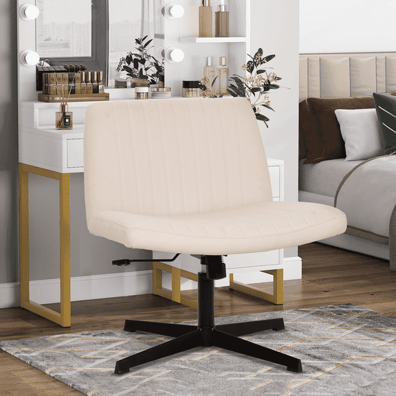 BIQWBIC Vanity Chair Adjustable Home Office Desk Chair Armless Swivel Cross Legged Chair with No Wheels, Beige