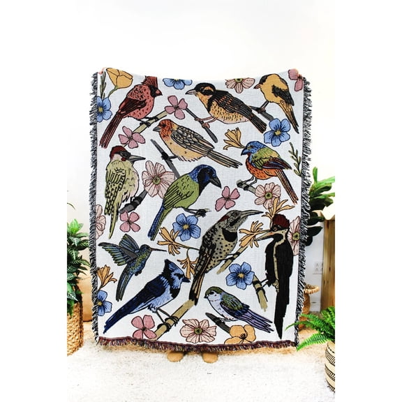 BIRD Watcher Woven Throw Blanket, 100% Cotton, Fringed Edges