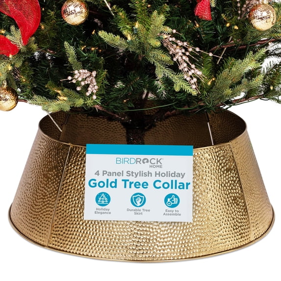 BIRDROCK HOME 28in Christmas Tree Collar - 4-Panel - Hammered - Metal Holiday Skirt Decor - Water Base Protection from Pets (Gold - Hammered)