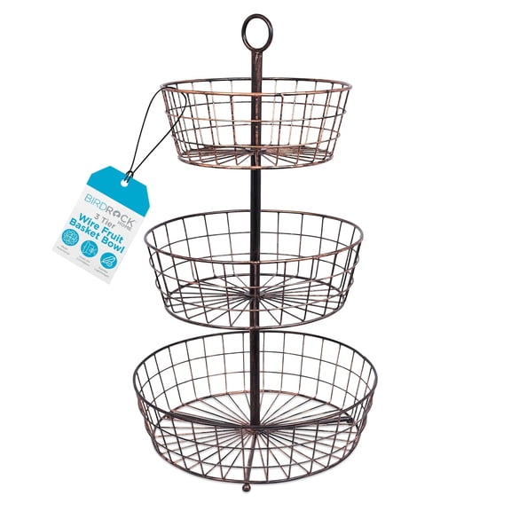 BIRDROCK HOME 3 Tier Wire Fruit Basket | Round Metal Standing Baskets | Fruit Vegetable Garlic Caddy | Freestanding Rustic Decorative Basket