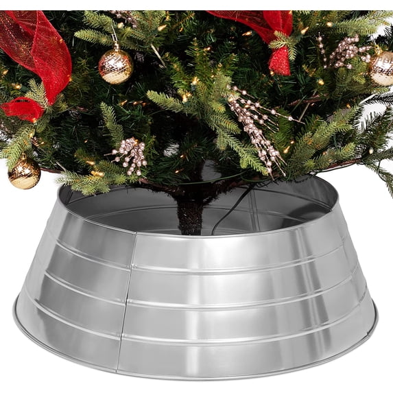 BIRDROCK HOME 4-Panel Christmas Tree Collar - Metal Holiday Skirt Decor - Water Base Protection from Pets (Silver) Soft Silver