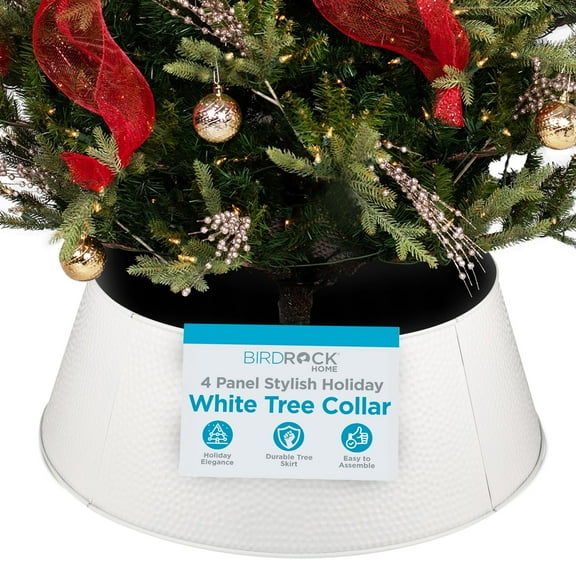 BIRDROCK HOME 4-Panel Hammered Metal Christmas Tree Collar - Stylish Holiday Tree Skirt Alternative - Durable Iron Construction Base Cover - Protects Tree Base from Pets - Easy Assembly - White