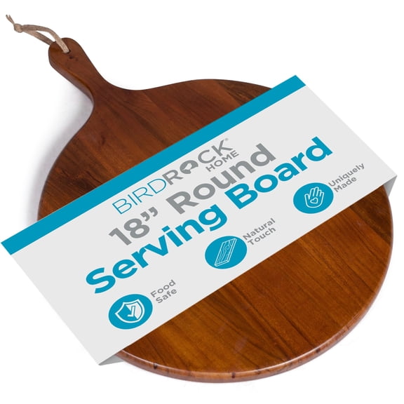 BIRDROCK HOME Acacia Wooden Cheese Serving Board with Handle - Charcuterie, Appetizers, Kitchen Platter, Grazing Board, Pizza, Meat, Bread, Cutting, Party, Food Display Tray - Espresso, 18", Round