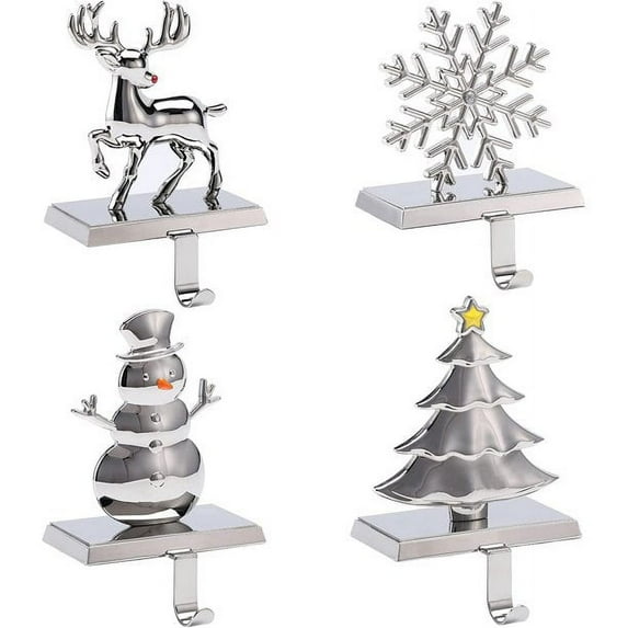 BIRDROCK HOME Christmas Stocking Holders for Mantel Set of 4 - Reindeer, Snowman, Snowflake, Tree
