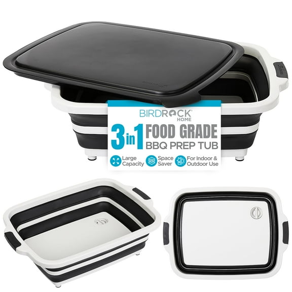 BIRDROCK HOME Collapsible Large BBQ Prep Tub w/ Cutting Board, Multi-Function Grill Caddy w/ Colander & Lid, Portable Silicone Dish Bowl for Picnic, Tailgate, Camping - Black