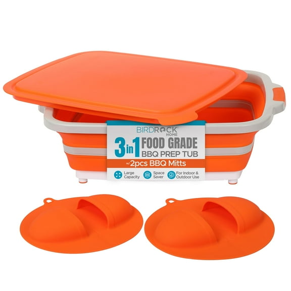 BIRDROCK HOME Collapsible Large BBQ Prep Tub w/ Cutting Board, Multi-Function Grill Caddy w/ Colander & Lid, Portable Silicone Dish Bowl for Picnic, Tailgate, Camping - Orange + 2pc BBQ Mitts