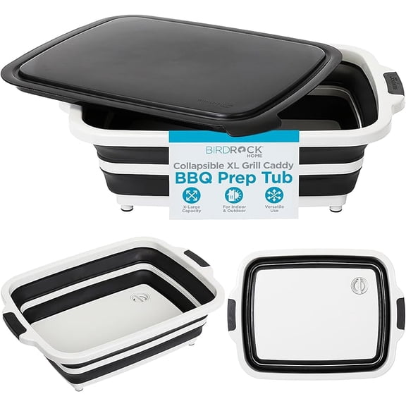 BIRDROCK HOME Collapsible XL BBQ Prep Tub w/Cutting Board, Multi-Function Grill Caddy w/Colander & Lid, Portable Silicone Dish Bowl for Picnic, Tailgate, Camping - Black