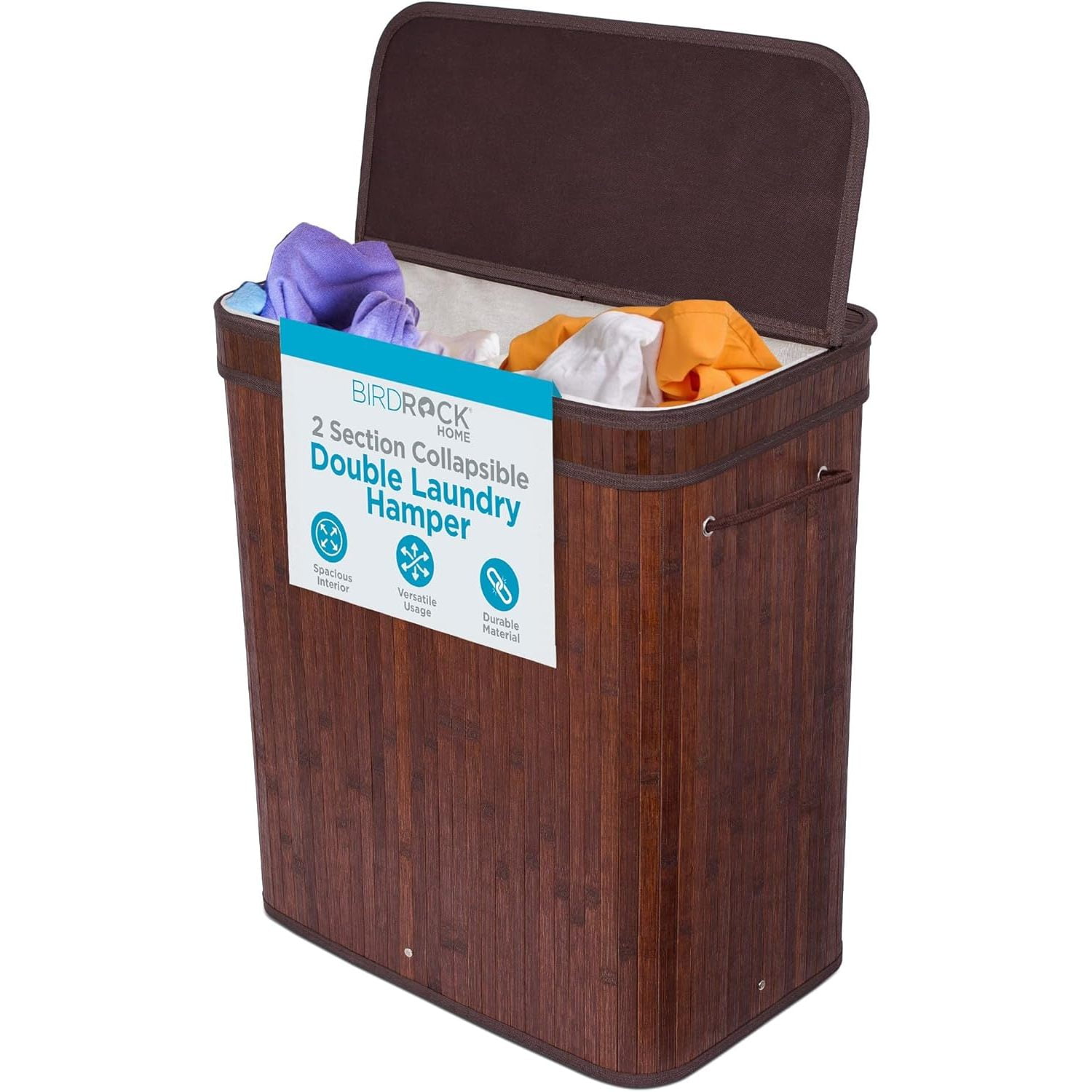 BIRDROCK HOME Double Laundry Hamper with Lid and Cloth Liner - Bamboo ...