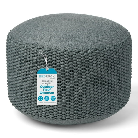 BIRDROCK HOME Outdoor Pouf Ottoman | Hand Woven Waterproof Foot Stool with Bead Bag Filling | Boho Foot Rest for Patio, Living Room, Porch & Outdoor Seating | Lightweight, Soft Stuffed Chair | Mist