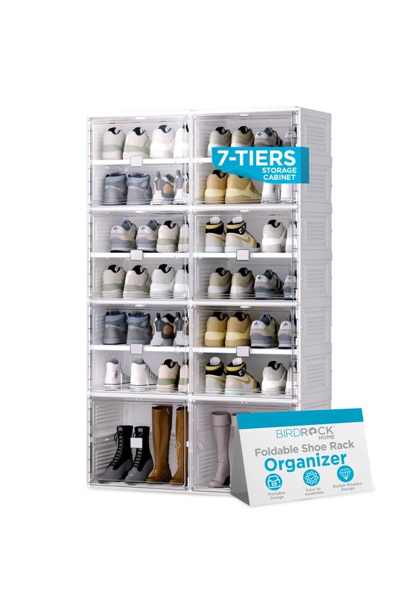Shoe Rack for Closet Floor | 7 Tiers Freestanding Storage Cabinet w/ 12 Wide/Small Clear Storage & 2 Large Cubes with Doors, Foldable Shoe Box for Boots, Heels, Sneakers, Loafers |White