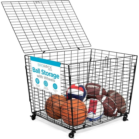 BIRDROCK HOME Sports Ball Basket Organizer with Wheels & Heavy Duty Casters - Ideal for Basketball, Football, Soccer, Baseball - Lockable Ball Storage Locker with Lid for Gym, Garage or Outdoor Use