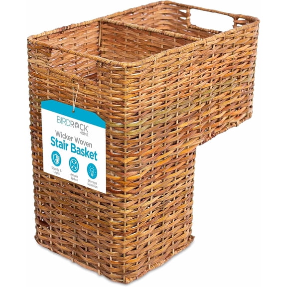 BIRDROCK HOME Stair Basket for Staircases  Wicker Woven Storage Bin with Cut Out Handles  Natural Brown Organizer Basket for Reducing Clutter  Large Rectangular Design  Versatile for Home