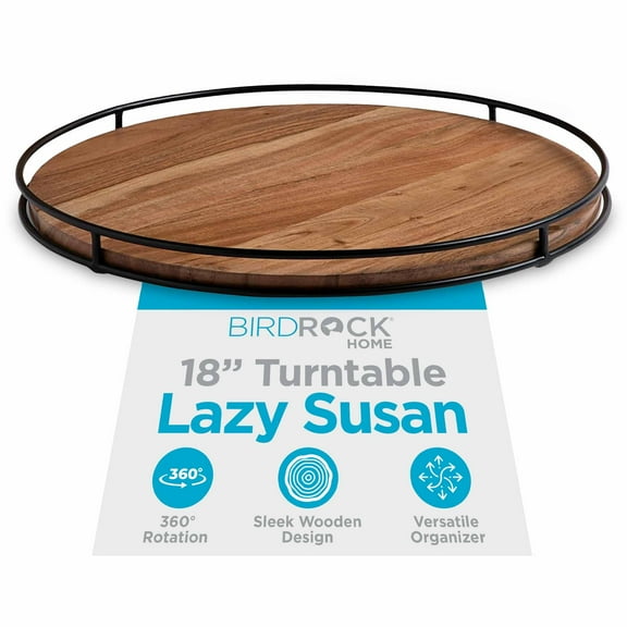 BIRDROCK HOME Wooden Lazy Susan Turntable - Countertop, Cabinet, and Table Organizer, Smooth Rotating Spice Rack, Iron-Edged Tray for Kitchen, Pantry and Dining, Rustic Wood Decor - Espresso, 18"