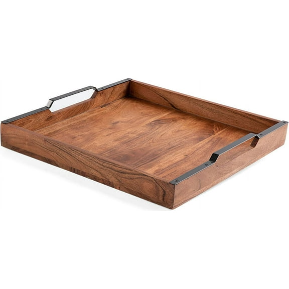 BIRDROCK HOME Wooden Serving Tray with Handles - Square