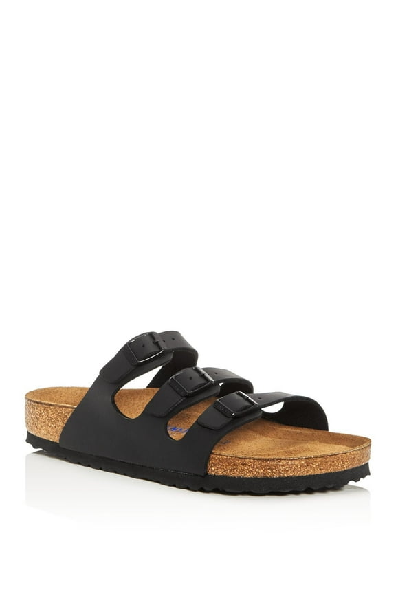 Womens Black Strappy Cork-Like Arch Support Buckle Accent Round Toe Wedge Slip On Slide Sandals 7 M