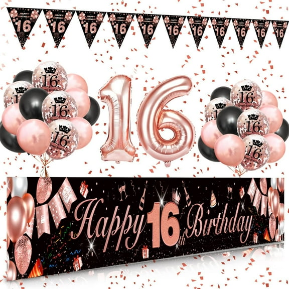 BIRLON 16th Birthday Decorations, Girl Birthday Party Supplies, Happy Birthday Poster and Pennants, Rose Gold Balloon, Black Balloon, Happy Birthday Printed Balloon, for Girl 16th Birthday
