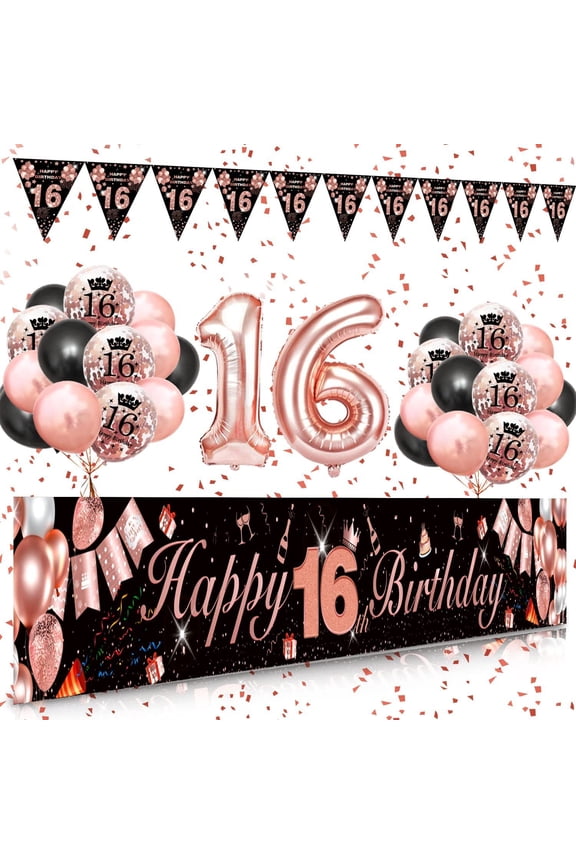 16th Birthday Decorations, Girl Birthday Party Supplies, Happy Birthday Poster and Pennants, Rose Gold Balloon, Black Balloon, Happy Birthday Printed Balloon, for Girl 16th Birthday