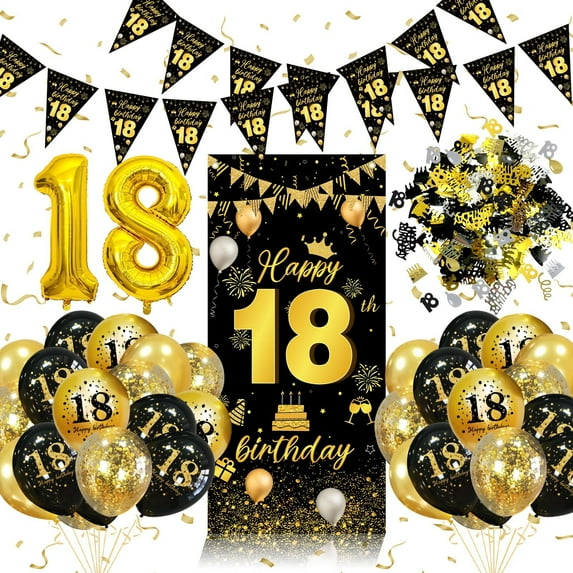 BIRLON 18th Birthday Decorations, Boy or Girl Birthday Party Supplies, Happy Birthday Poster and Pennants, Black Balloon, Gold Balloon, Happy Birthday Printed Balloon(Black Gold)