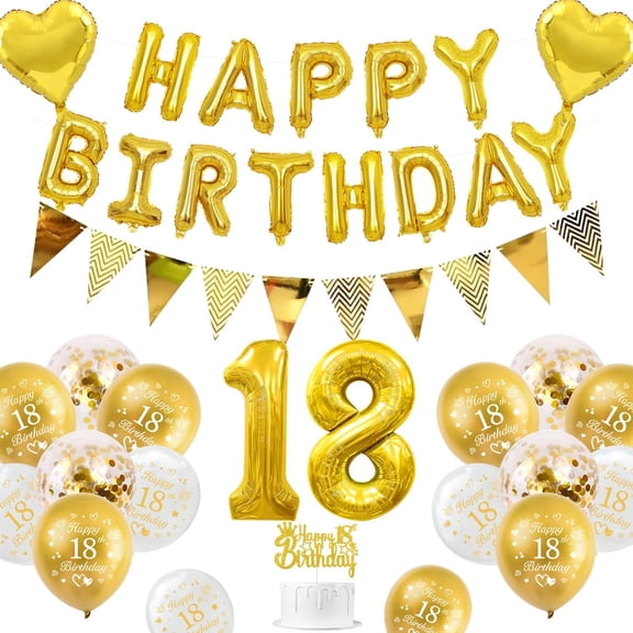 BIRLON 18th Birthday Decorations Set with Gold and White Balloons, Number 18 Balloon, Banner and Cake Topper for Party