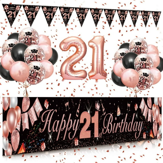 BIRLON 21st Birthday Decorations, Women Birthday Party Supplies, Happy Birthday Poster and Pennants, Rose Gold Balloon, Black Balloon, Happy Birthday Printed Balloon, for Lady 21st Birthday