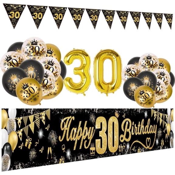BIRLON 30th Birthday Decorations for Men and Women, Black and Gold Balloon Set with Number 30 Foil Balloon, Happy 30th Banner, Fireworks Triangle Bunting, Confetti Balloons, Milestone Party Supplies