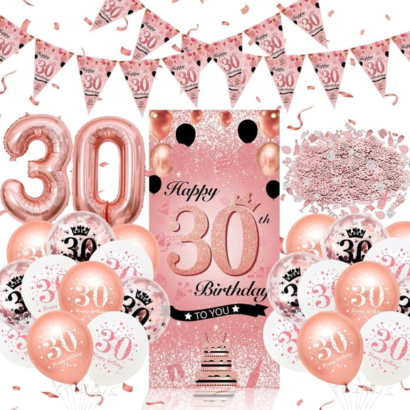 BIRLON 30th Birthday Decorations for Women, Rose Gold Balloon Set with Number 30 Foil Balloon, Happy 30th Banner, Triangle Pennant, Confetti , Elegant Party Supplies