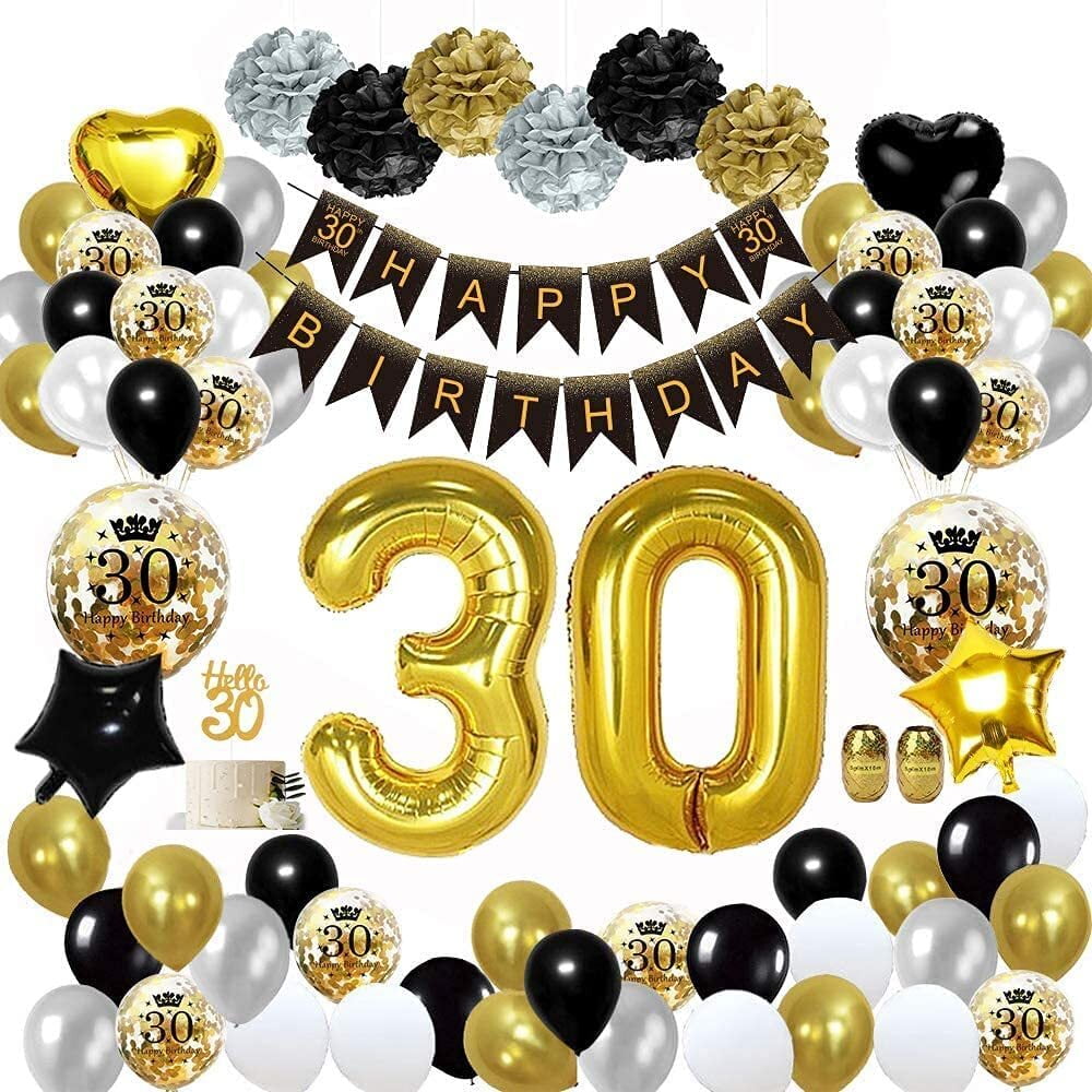 BIRLON 30th Birthday Party Decorations for Men Women, 30th Birthday Print  Balloon with Happy Birthday Banner and Cake Topper (Black Gold) -  Walmart.com, image size:1000x1000