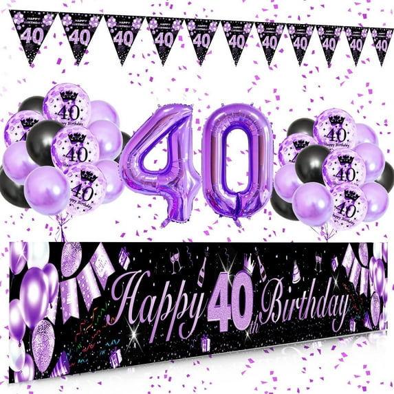 BIRLON 40th Birthday Decorations, Women Birthday Party Supplies, Happy Birthday Poster and Pennants, Purple Balloon, Black Balloon, Happy Birthday Printed Balloon, for Women 40th Birthday