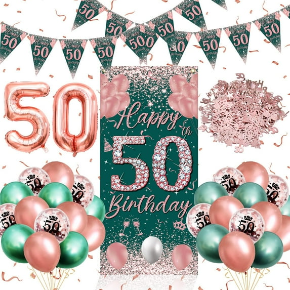 BIRLON 50th Birthday Decorations, Women Birthday Party Supplies, Happy Birthday Poster and Pennants, Rose Gold Balloon, Green Balloon, Happy Birthday Printed Balloon(Rose Gold)
